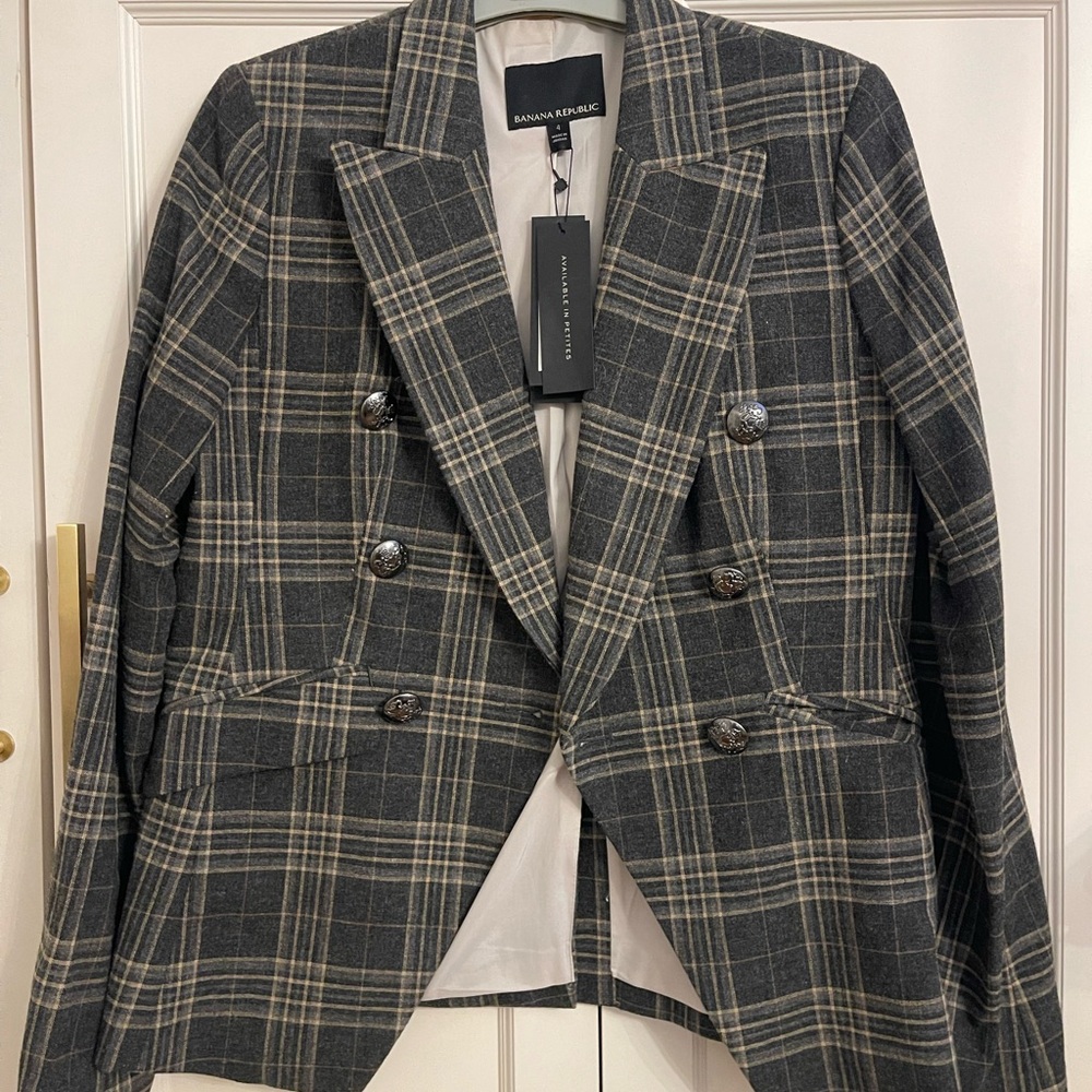 Banana Republic Black and Gray Blazer with Plaid Pattern